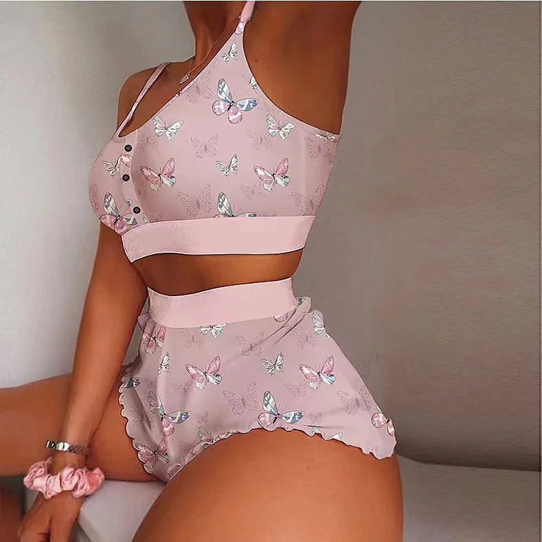 Women's 2 Piece Set - Pajama Shorts with Thin Strap Top, Multiple Prints, Sexy and Casual Lingerie, Ideal for Night and Home