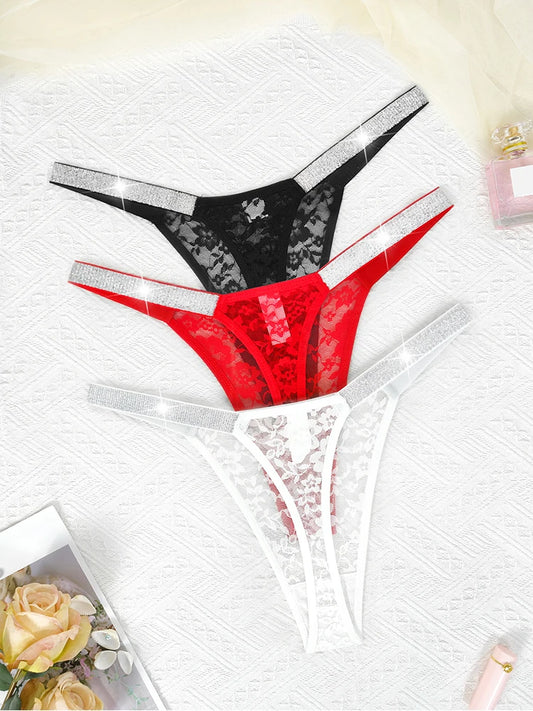 Lot de 3 Strings Sexy Femme en Dentelle - Culottes Florales Transparentes, Taille Basse avec Deux Ceintures Brillantes, G-string Confortable et Intime