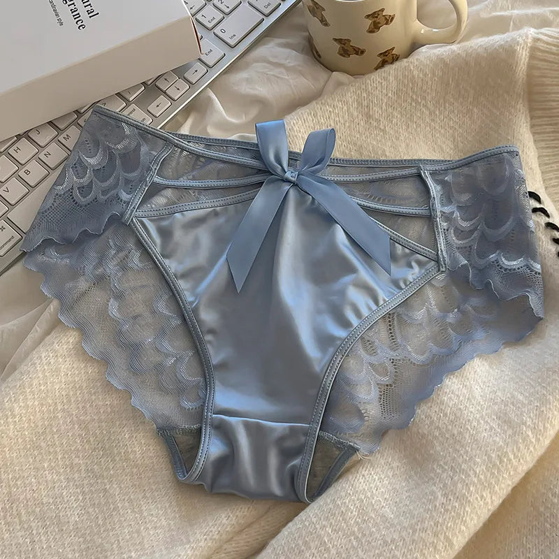 Pack of 5 Women's Silk Panties - Sexy and Comfortable Intimate Underwear with Bow, Light and Fine Silk, Triangular Lace Splicing