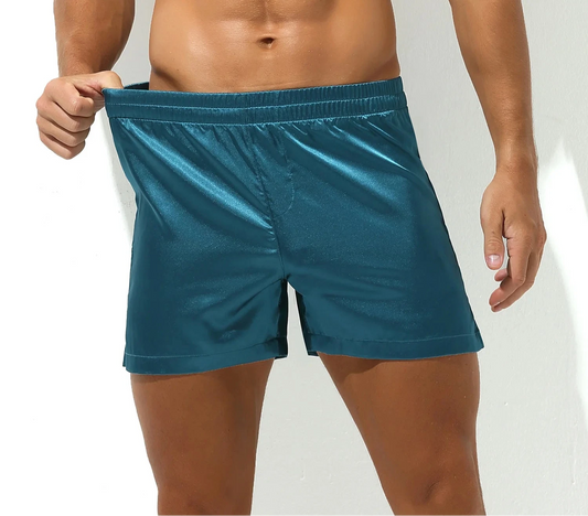 Boxers satinés homme, taille élastique, mi-taille, côtés fendus, shorts détente et pyjama, tailles S-XL