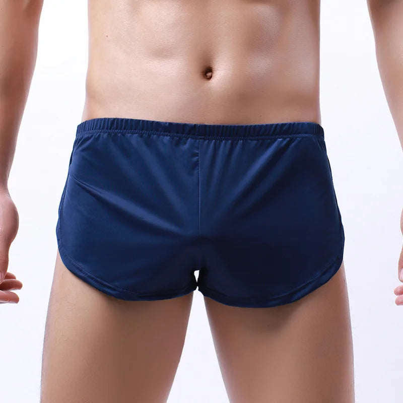 Boxers pour hommes en tissu soyeux avec bords arrondis, sous-vêtements sportifs, homewear, shorts à motif flèche, coupe ample et sexy, slip trois-points avec poche frontale en U
