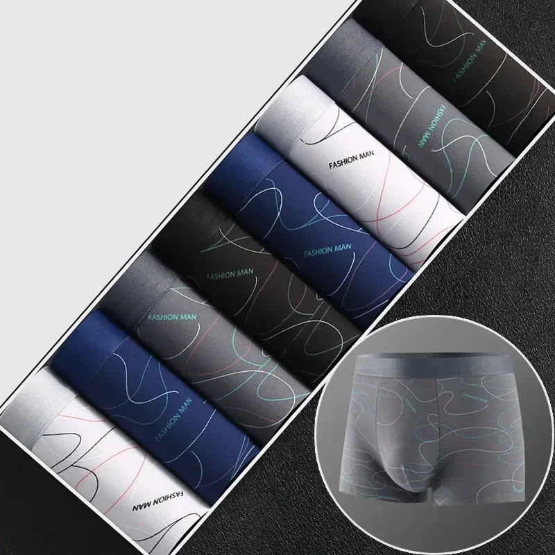 Pack of 4 or 8 men's boxer briefs with stylish prints, featuring a U-shaped pouch for added comfort. Fashionable, comfortable and breathable men's underwear made of soft, plain fabric. Available in sizes L to 4XL.