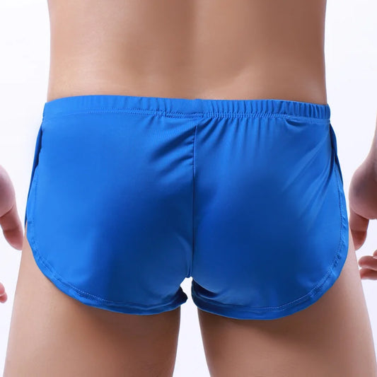 Boxers pour hommes en tissu soyeux avec bords arrondis, sous-vêtements sportifs, homewear, shorts à motif flèche, coupe ample et sexy, slip trois-points avec poche frontale en U