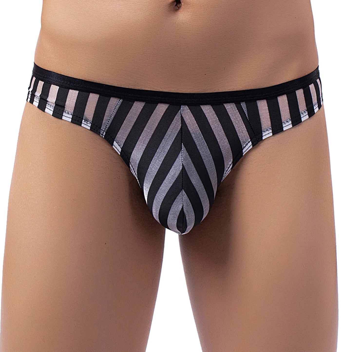 String sexy en maille transparente pour homme – avec poche anatomique, motif rayé, lingerie fine et audacieuse