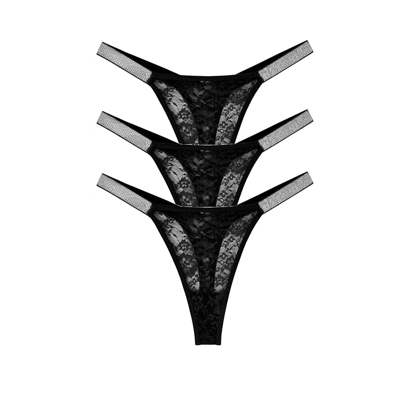3 Pack Sexy Women Lace Thongs - Transparent Floral Panties, Low Waist with Two Shiny Belts, Comfortable and Intimate G-string