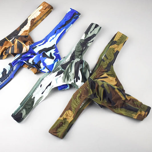 Slip tanga homme taille basse à imprimé camouflage 3D, poche enveloppante, tissu soyeux, respirant et confortable pour un usage quotidien ou les occasions spéciales