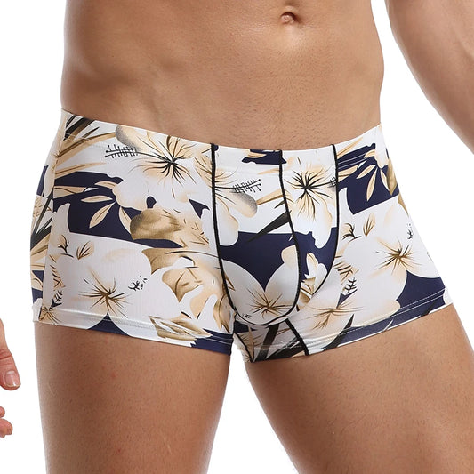 Boxer homme sexy – Sous-vêtements imprimés respirants, caleçon doux avec poche en U, en soie glacée