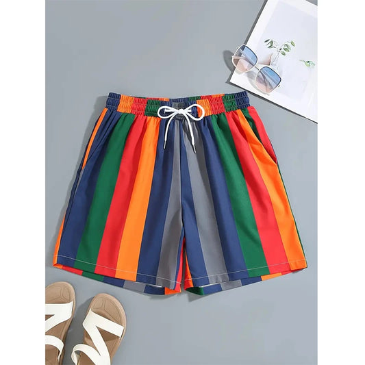 Short de Bain Homme 2025 – Motif Rayé 3D, Style Hawaïen, Graphique, Respirant et Décontracté