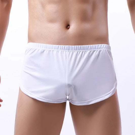 Boxers pour hommes en tissu soyeux avec bords arrondis, sous-vêtements sportifs, homewear, shorts à motif flèche, coupe ample et sexy, slip trois-points avec poche frontale en U