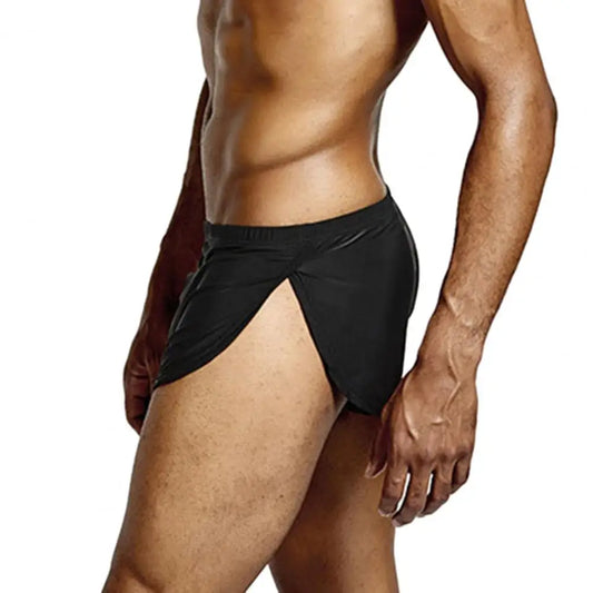 Shorts pour hommes unis, respirants et taille basse – Taille élastique, fente latérale, en soie glacée, idéal pour le lounge, sous-vêtement ou tenue de nuit
